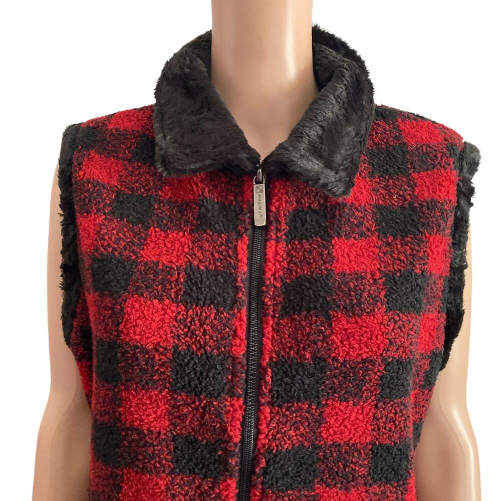 Woolrich Vest Womens Medium Tartan Black Red Plaid Faux Fur Collar - Picture 6 of 11